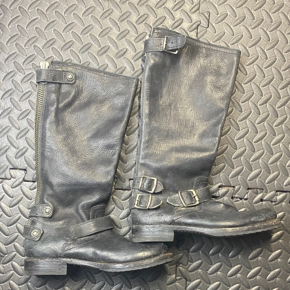 Frye Veronica Back Zip Tall Black Leather Moto Engineer Boots 77551